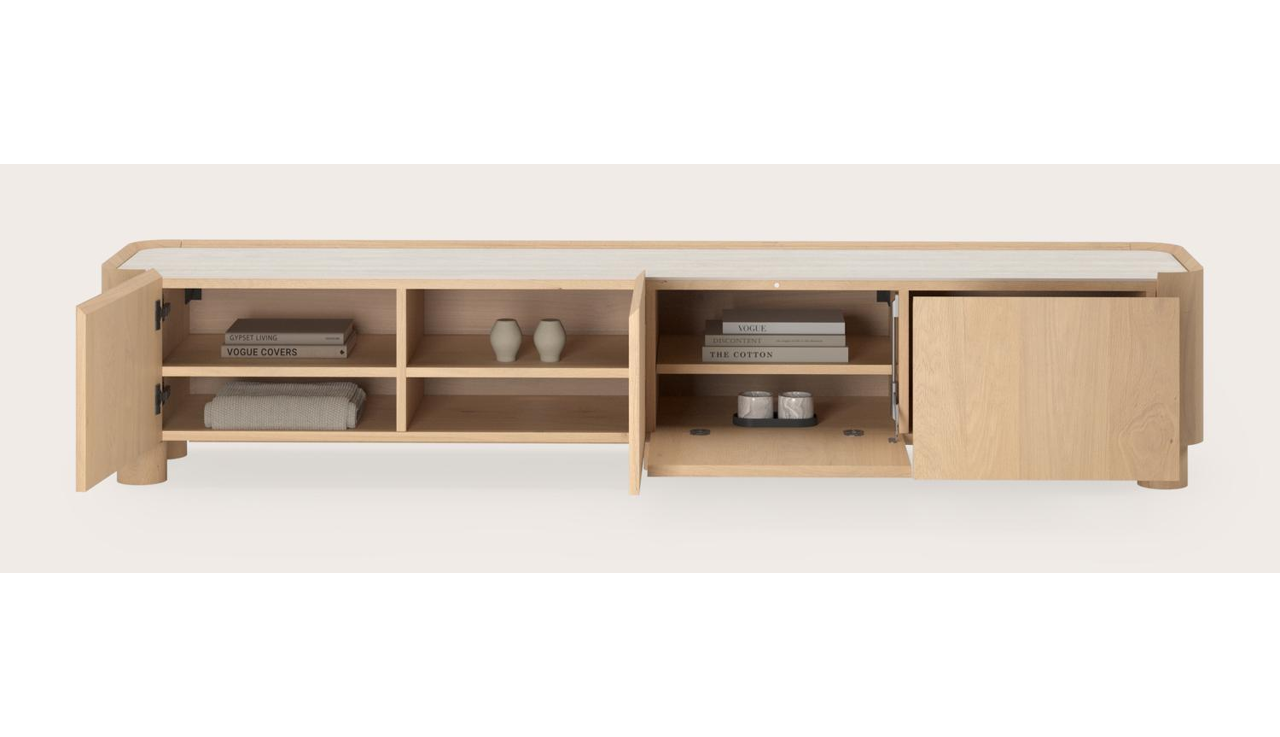 Meuble tv Curvato en chêne couleur naturelle avec pieds ronds en bois avec plateau Ceramo en céramique en couleur Travertino Bianco 219 x 45 x 44 cm