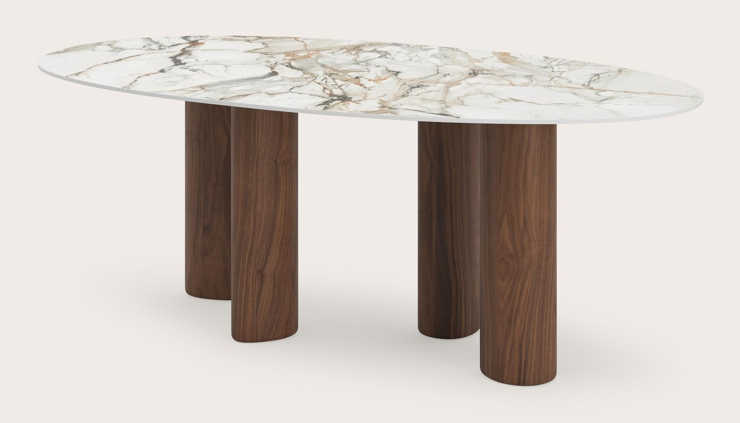 Eettafel Volanto onderstel in walnoot met organisch ovaal volkeramisch Ceramo Lux eettafelblad in kleur  Calacatta Luxe 220x125 cm