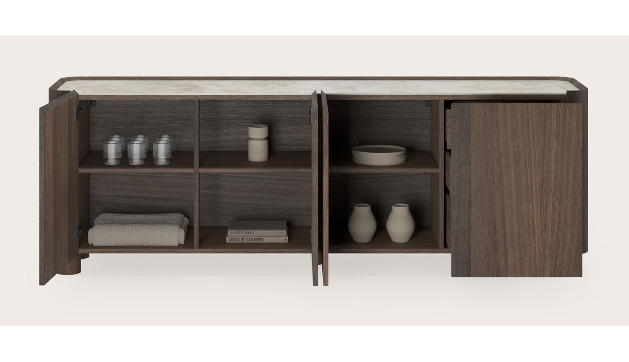 Buffet Curvato en chêne fumé avec pieds ronds en bois avec plateau Ceramo en céramique en couleur Rapolano 219 x 45 x 76 cm
