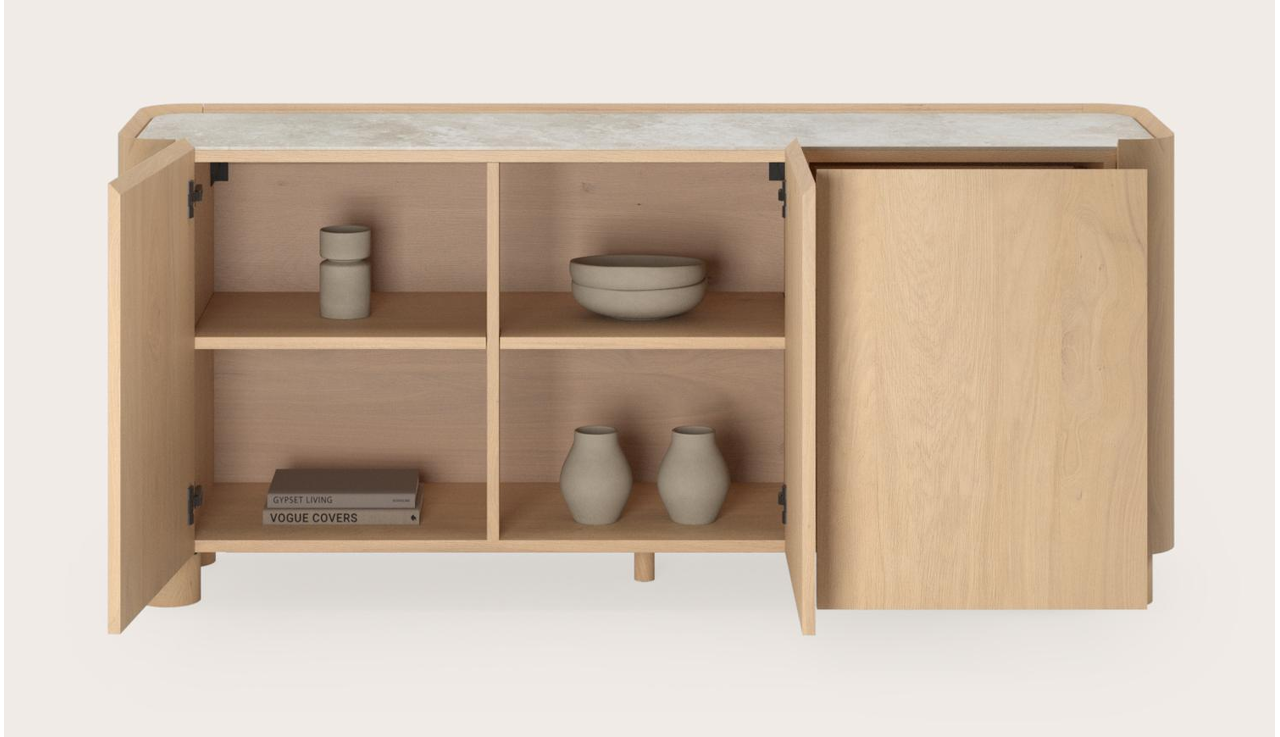 Buffet Curvato en chêne couleur naturelle avec pieds ronds en bois avec plateau Ceramo en céramique en couleur Rapolano 169 x 45 x 76 cm