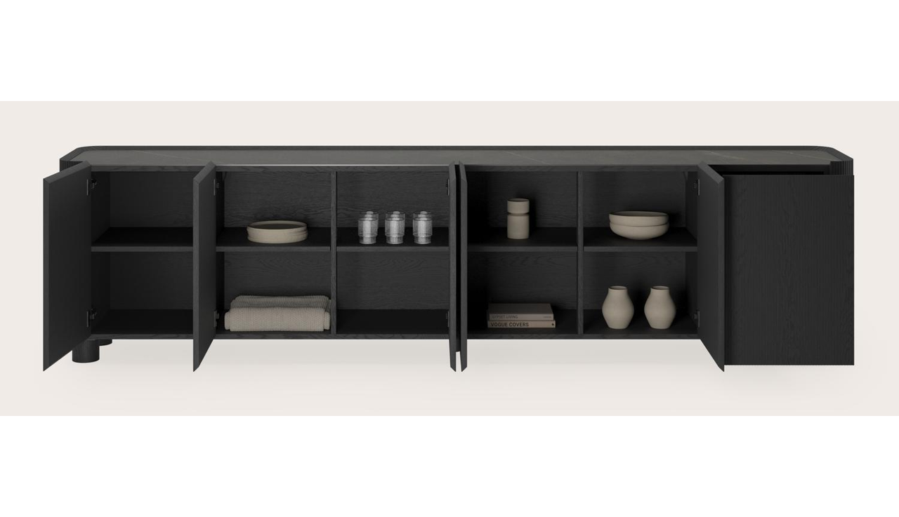 Buffet Grivato en chêne noir avec pieds ronds avec plateau Ceramo rond en céramique en couleur Calatorao 294 x 45 cm