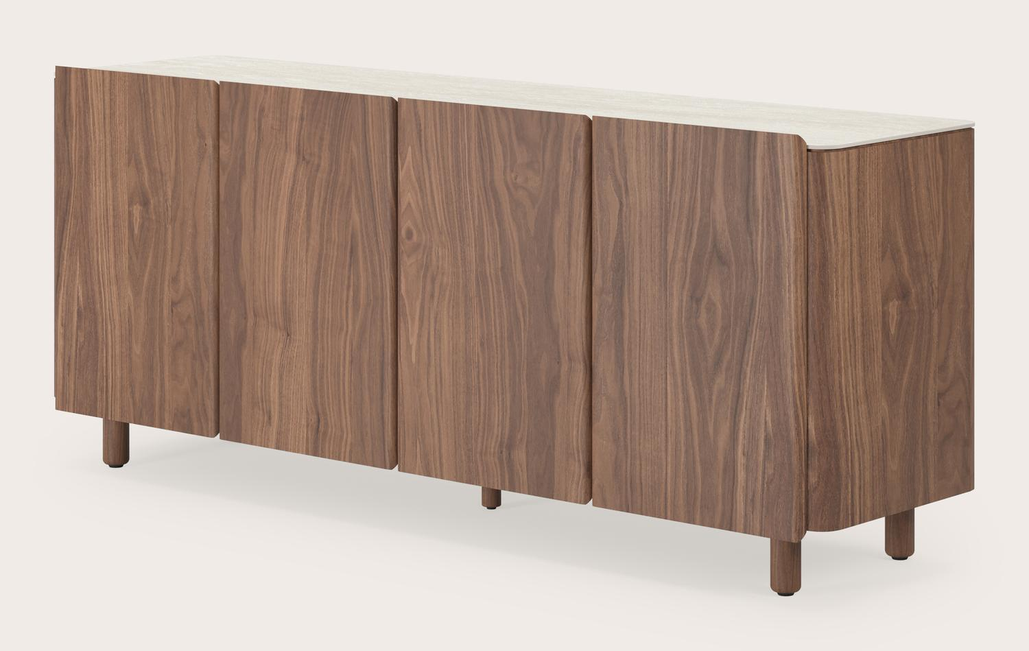 Belloni dressoir in walnoot met bovenblad in Travertin met ronde houten poten 180x47x62cm