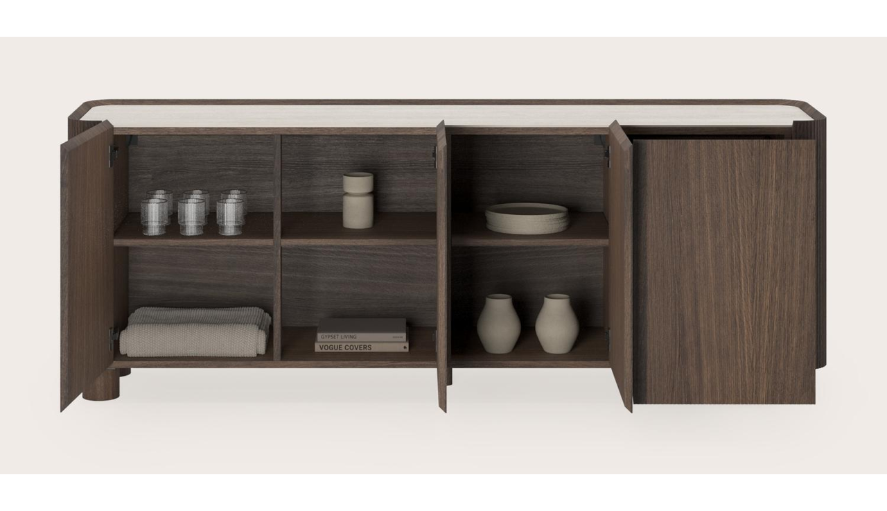 Grivato dressoir in gerookte eik met ronde poten met volkeramisch Ceramo blad in kleur Travertino Bianco 203 x 45 cm