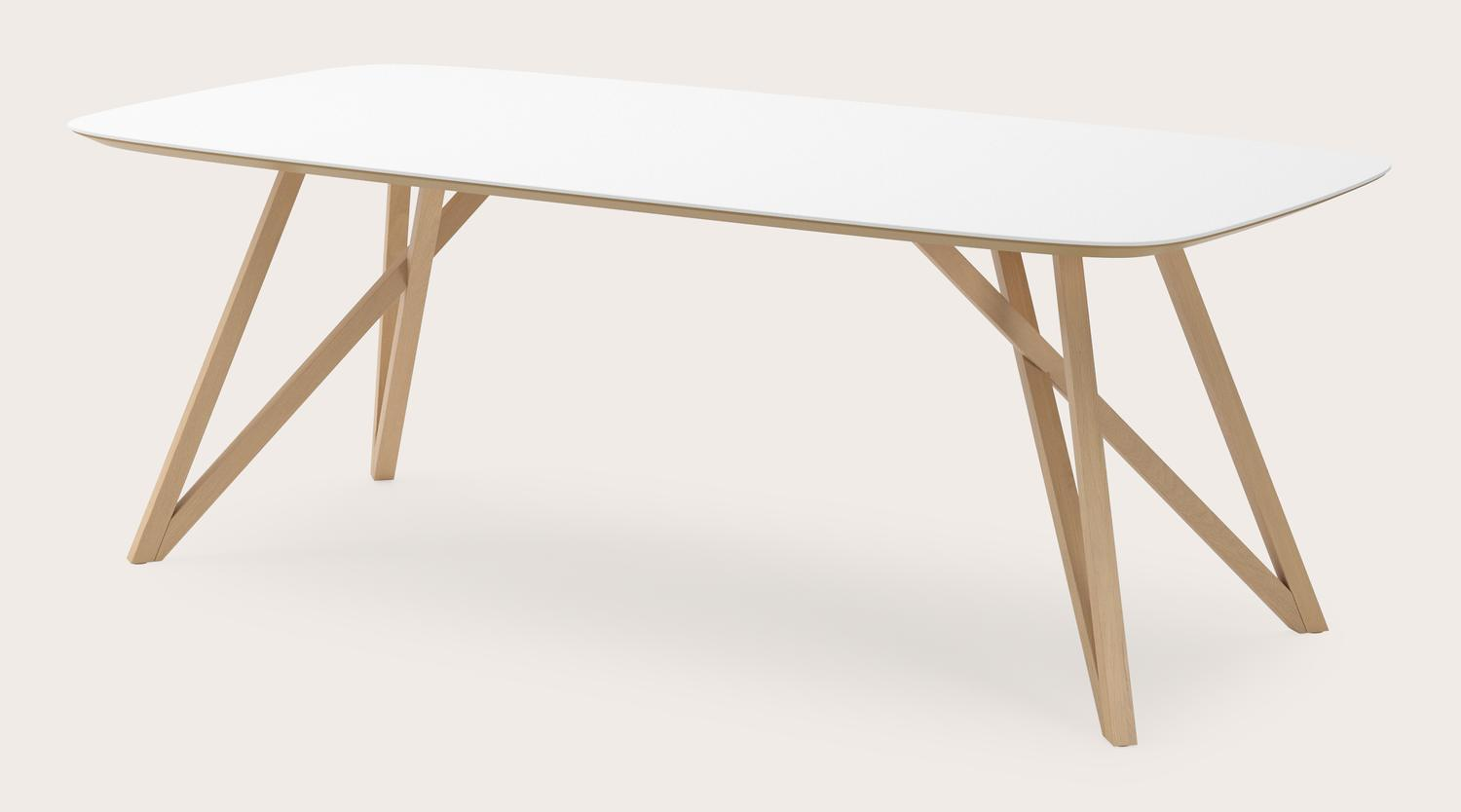 Eettafel Ragno onderstel in natuurkleurige eik met bootvormig volkeramisch Ceramo blad in kleur Arctic White 220 x 105 x 77 cm