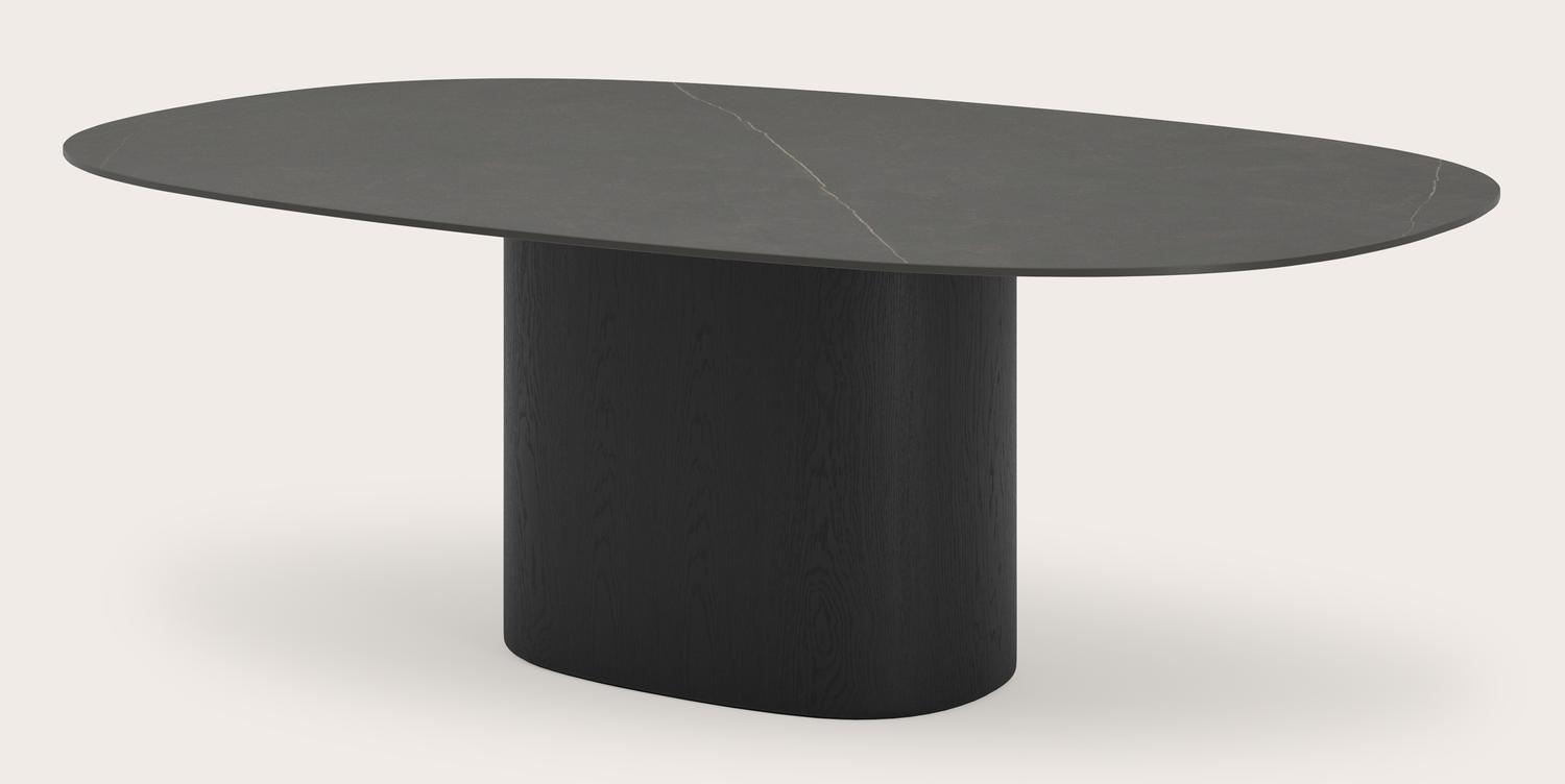 Table à manger Arcanto armature en chêne noir avec plateau en forme stadium céramique Ceramo Lux en couleur Calatorao 220x140 cm