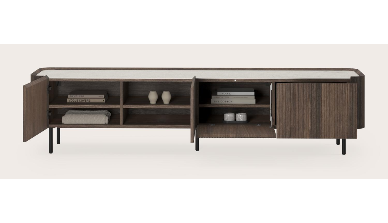 Grivato tv-meubel in gerookte eik met ronde poten met volkeramisch Ceramo blad in kleur Shilin 219 x 45 cm