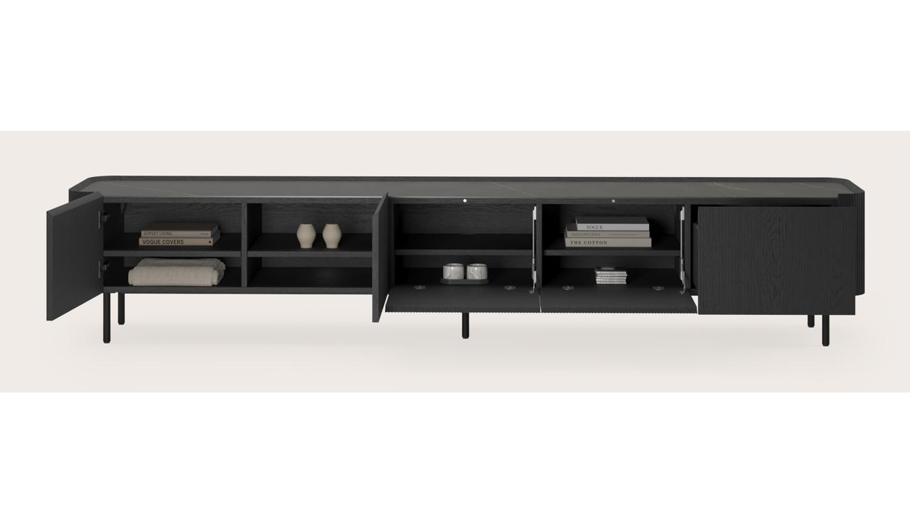Grivato tv-meubel in zwarte eik met ronde poten met volkeramisch Ceramo blad in kleur Calatorao 269 x 45 cm