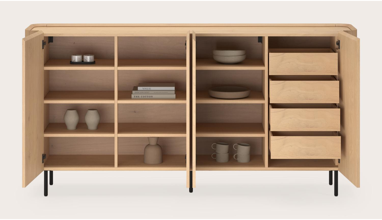 Grivato hoge dressoir in natuurkleurige eik met ronde poten 219 x 45 cm