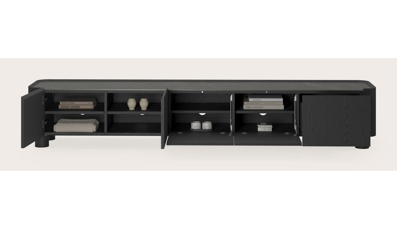 Grivato tv-meubel in zwarte eik met ronde poten met volkeramisch Ceramo blad in kleur Calatorao 249 x 45 cm