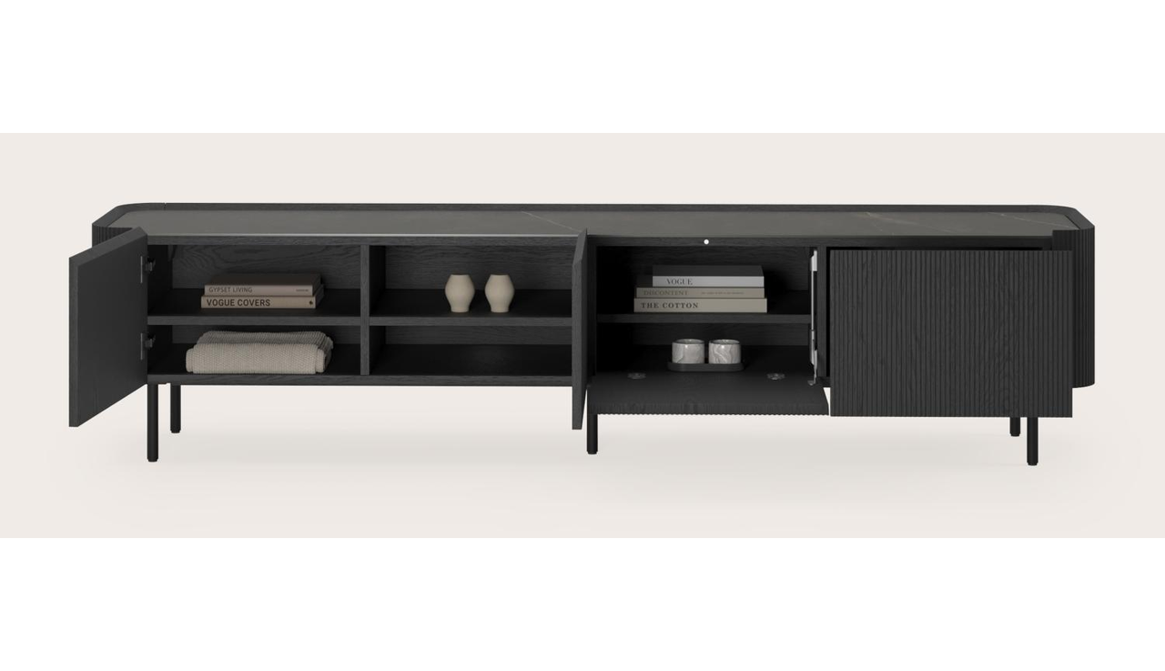 Grivato tv-meubel in zwarte eik met ronde poten met volkeramisch Ceramo blad in kleur Calatorao 219 x 45 cm