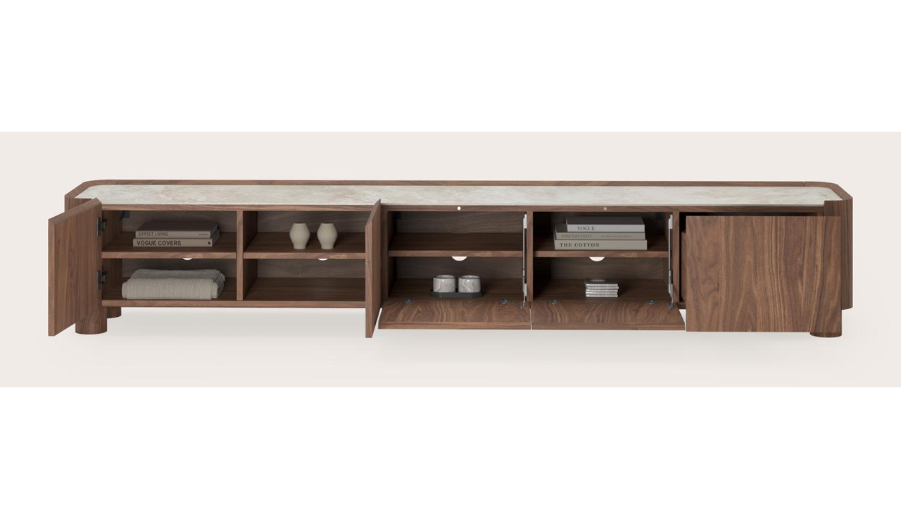 Curvato tv-meubel in walnoot met ronde houten poten met volkeramisch Ceramo blad in kleur Rapolano 249 x 45 x 44 cm