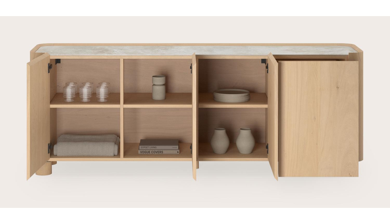 Curvato dressoir in natuurkleurige eik met ronde houten poten met volkeramisch Ceramo blad in kleur Rapolano 203 x 45 x 76 cm