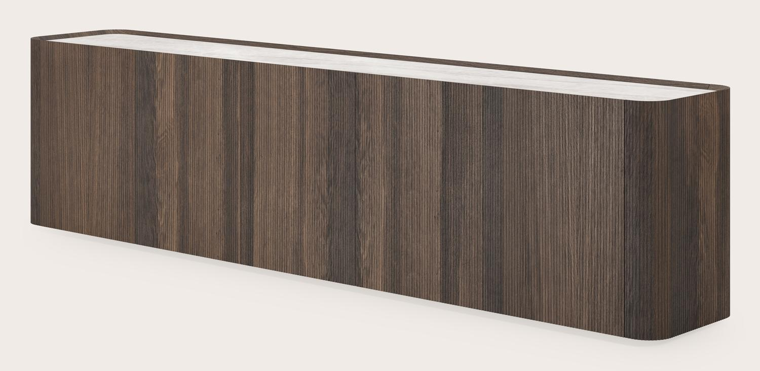 Grivato dressoir in gerookte eik met ronde poten met volkeramisch Ceramo blad in kleur Taj Mahal 269 x 45 cm