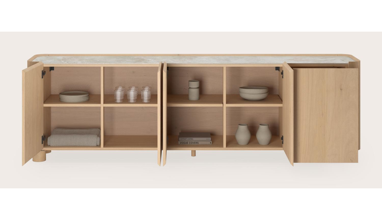Grivato dressoir in natuurkleurige eik met ronde poten met volkeramisch Ceramo blad in kleur Rapolano 249 x 45 cm