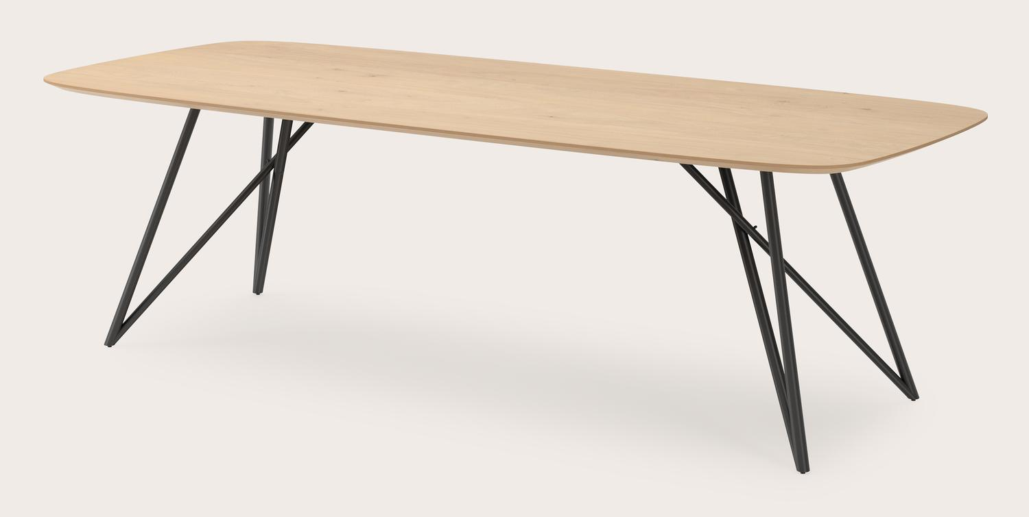Eettafel Ragno onderstel in zwart metaal met bootvormig Finesso blad in natuurkleurige eik  260 x 110 x 77 cm
