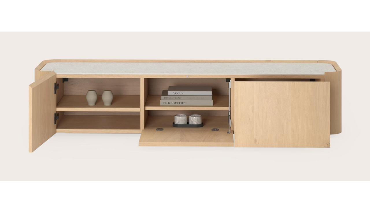 Meuble tv Curvato en chêne couleur naturelle avec plateau Ceramo en céramique en couleur Shilin 169 x 45 x 34 cm