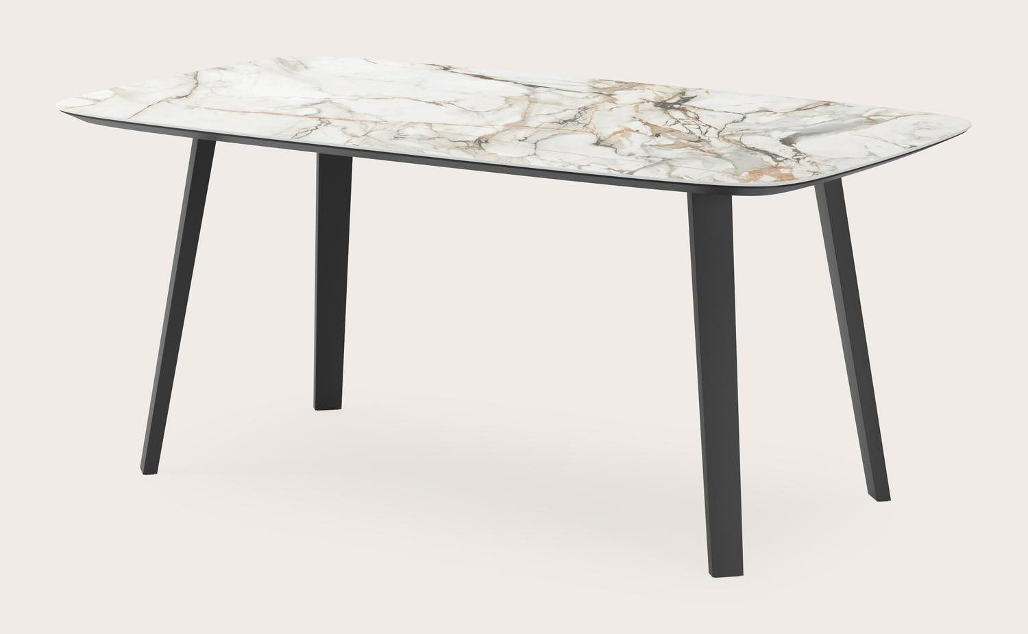Eettafel Clino onderstel in zwart metaal met bootvormig volkeramisch Ceramo blad in kleur Calacatta Luxe  180 x 100 x 77 cm