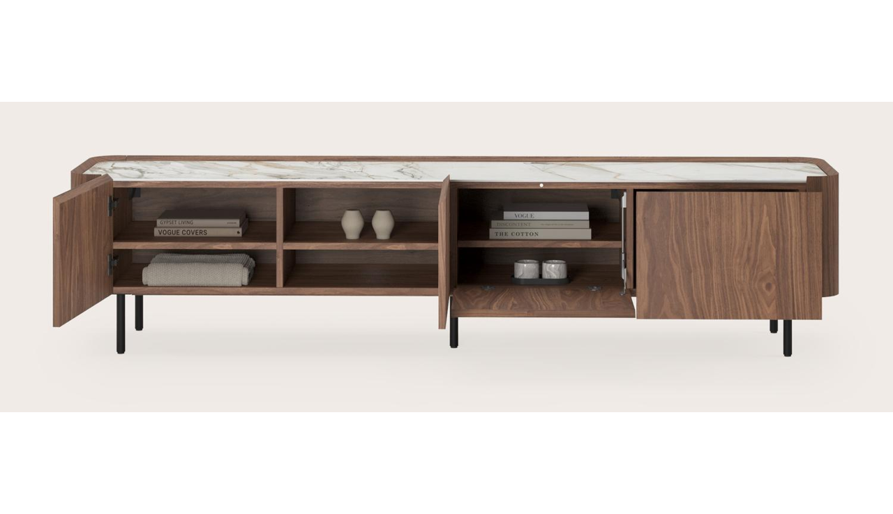 Meuble tv Curvato en noyer avec pieds ronds en métal avec plateau Ceramo en céramique en couleur Calacatta Luxe 219 x 45 x 52 cm