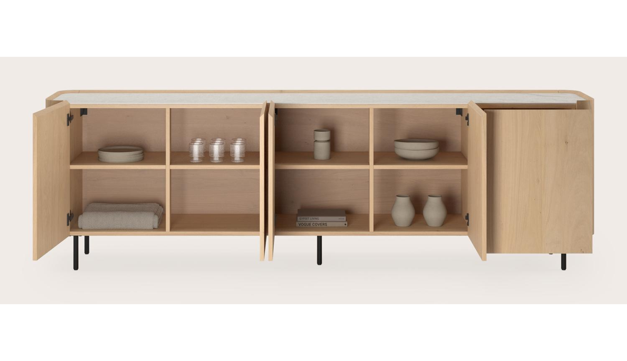 Buffet Curvato en chêne couleur naturelle avec pieds ronds en métal avec plateau Ceramo en céramique en couleur Shilin 269 x 45 x 84 cm