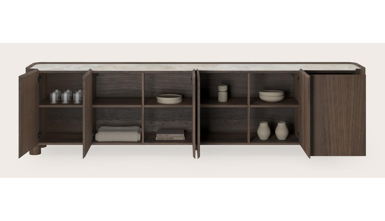 Buffet Curvato en chêne fumé avec pieds ronds en bois avec plateau Ceramo en céramique en couleur Rapolano 294 x 45 x 76 cm