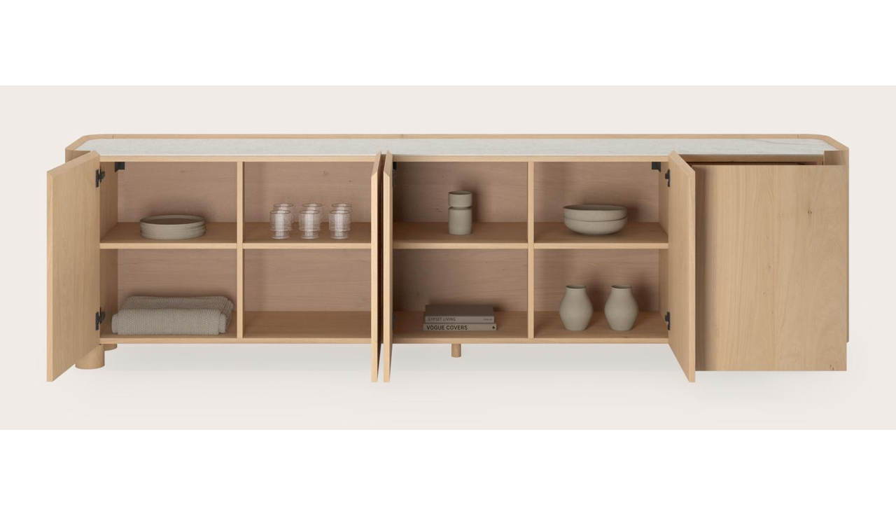 Buffet Curvato en chêne couleur naturelle avec pieds ronds en bois avec plateau Ceramo en céramique en couleur Shilin 269 x 45 x 76 cm