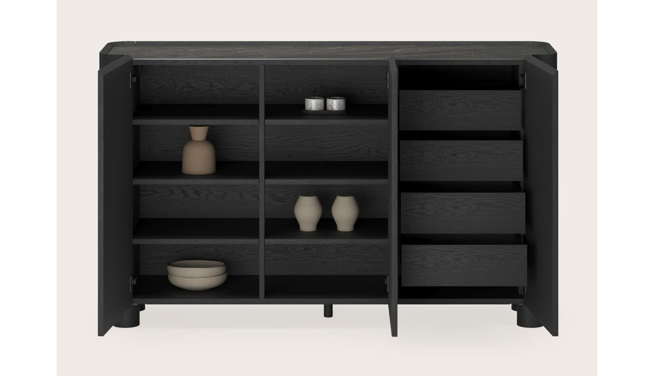 Grivato hoge dressoir in zwarte eik met ronde poten met volkeramisch Ceramo blad in kleur Black Obsession 169 x 45 cm
