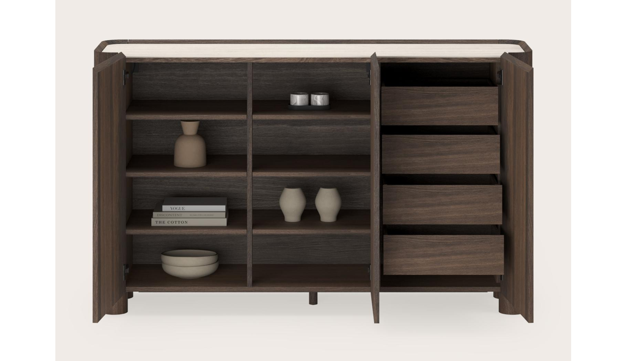 Curvato hoge dressoir in gerookte eik met ronde houten poten met volkeramisch Ceramo blad in kleur Travertino Bianco 169 x 45 x 102 cm